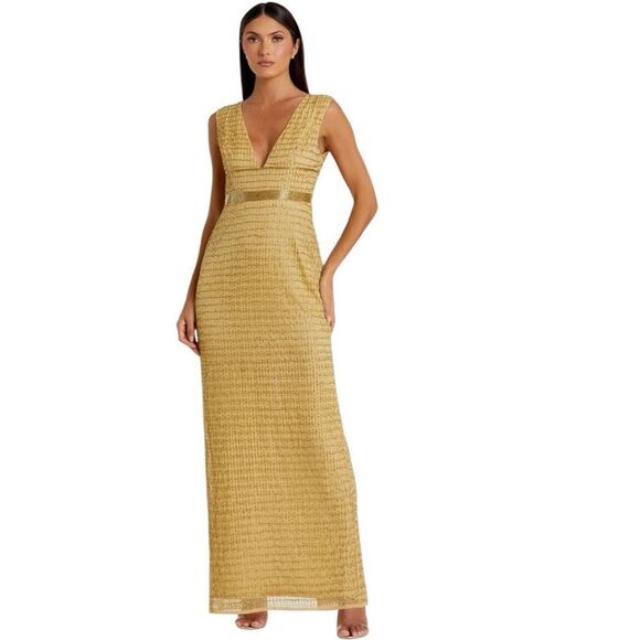 Mac Dugal Beaded V Neck Lined Column Empire Waist Gown Gold Women's Size 4 5625 - Picture 1 of 11